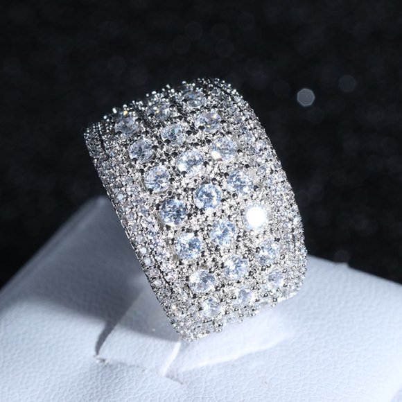 *NEW Silver Round Diamond Pave Wide Band Ring - Picture 6 of 9